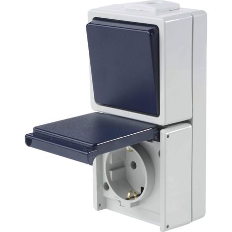Interrupteur à bcule en saillie Interrupteur à bcule robuste (230 V/10 A/16 A) pour espace humide et extérieur IP54 Gris clair/bleu Fabriqué en Allemagne I 62455 (1/5)