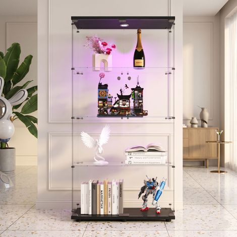 Vetrina in vetro con illuminazione a LED - Mobile da collezione moderno a quattro strati in vetro con 2 ante - Vetro temperato - Nero (1/5)