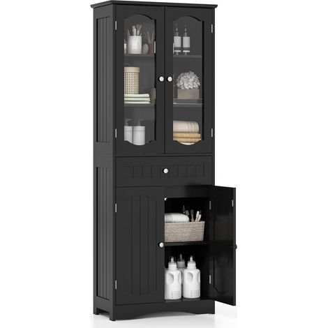 63 Inch Tall Bathroom Storage Cabinet with 2 Glass Doors and Adjustable Shelves-Black (1/5)
