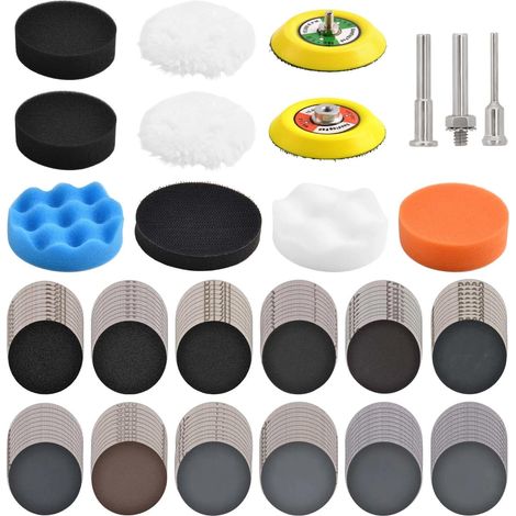 133 PCS Disque de ponçage Perceuse Kit de polissage, 3 "Kit de restauration de phare 60-10000 Grain Papier de verre sec humide Crochet et boucle pour voiture Bois Métal Verre Résine (1/5)