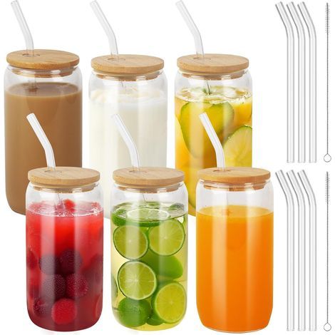 6 x Drinking Glasses with Bamboo Lids and Glass Straw, 500 ml Can Glass with Lid and Straw, for Ice Coffee, Cocktail, Smoothie (1/5)