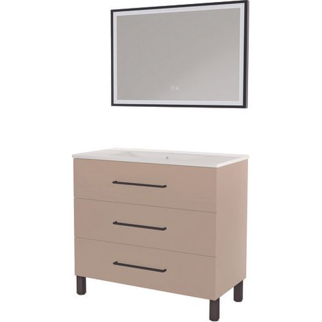 ONDEE ZEN - Meuble à poser MONACO - Dim 90cm - Satin - Mir SELENA - Poignées noires (1/3)