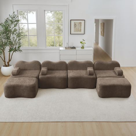 Canapé modulaire en forme de U, 4 places, avec 2 poufs, tissu doux, mousse haute densité 32D, coussins d'accoudoirs amovibles, salon, brun. (1/5)
