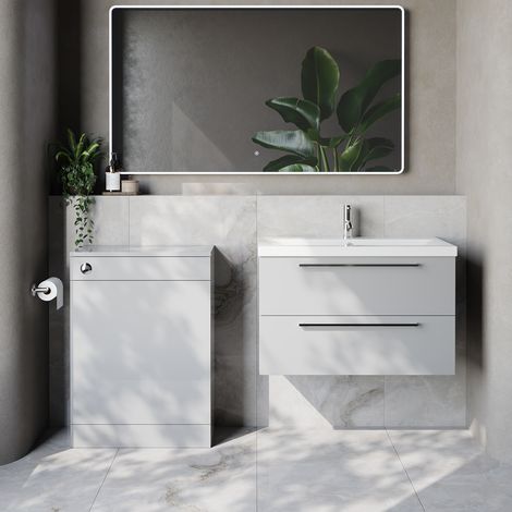 Napoli 390 Cento Gloss Grey Pearl 1400mm Wall Mounted 2 Drawer Vanity Unit and Toilet Suite with Glide Basin - 1400mm - Chrome 480mm HandleWithout Kingston Toilet Pan