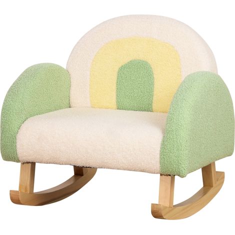 Fauteuil à bascule, imitation de peau mouton, tout-petits design mignon, jaune, beige, vert +, bois d’eucalyptus (1/5)