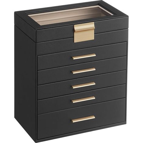 Caja de joyería, cofre de almacenamiento, tapa de cristal, 5 cajones, organizador de gafas de sol, almacenamiento de joyas, moderno, negro grafito y dorado (1/5)