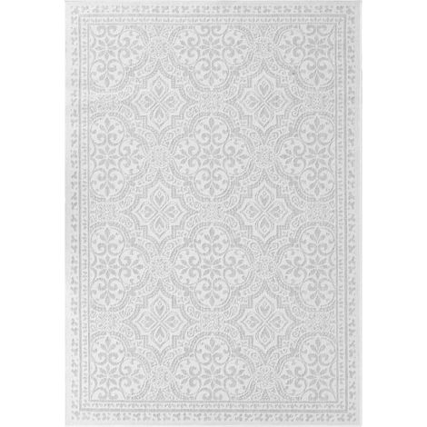 Tapis exterieur 120 x 170 cm, oriental, blanc et gris, kilim inspiré, structure plate résistante pour terrasse et jardin, durable et facile d'entretien