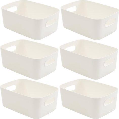 Ensemble de 6 boîtes de rangement blanches avec poignées - Paniers de rangement rectangulaires en plastique - Accessoires élégants pour la cuisine, la maison, le bureau et la salle de bain - 30 x 21 x (1/4)