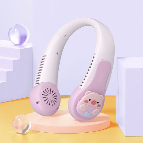 Ventilateur de cou à motif dessin animé, portable, rechargeable par USB, silencieux, anti-torsion, avec batterie intégrée, idéal pour les enfants, les adultes et les activités sportives en plein air. (1/5)