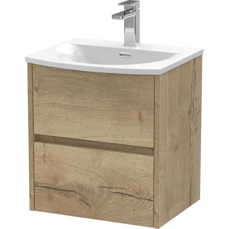 Nuie Havana Autumn Oak Woodgrain 500mm Wall Hung 2 Drawer Vanity Unit and Curved Ceramic Basin - HAV802G (1/4)