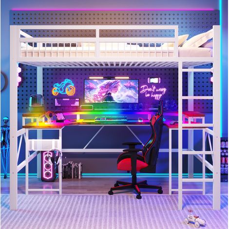 Letto a soppalco moderno 140x200 cm in metallo bianco con scrivania, LED RGB, pannello forato e porte USB/Type-C (1/5)