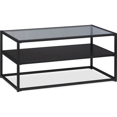 Table basse carrée avec rangement 90 x 50 x 42 cm  style moderne salon en verre noir (1/5)