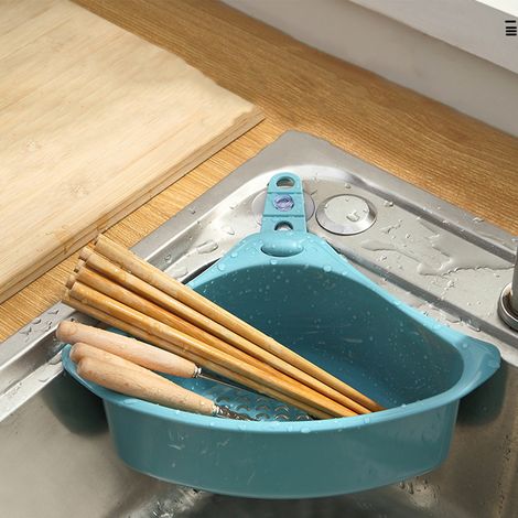 Égouttoir triangulaire de cuisine, stable et facile à égoutter, pour évier d'angle, bleu. (1/5)
