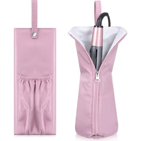 Pochette de rangement de voyage pour lisseur - 30 x 12,5 cm - 1 pièce - Rose - Résistante à la chaleur jusqu'à 300 °C - Organisateur en nylon imperméable pour fer à friser et outils de coiffage (1/5)