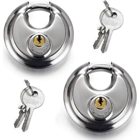 Lot de 2 cadenas à disque rond en acier inoxydable 70 mm Cadenas à disque robuste antirouille Cadenas de rangement et boîte à outils, chaîne antivol pour porte d’entrepôt 4 clés (1/4)
