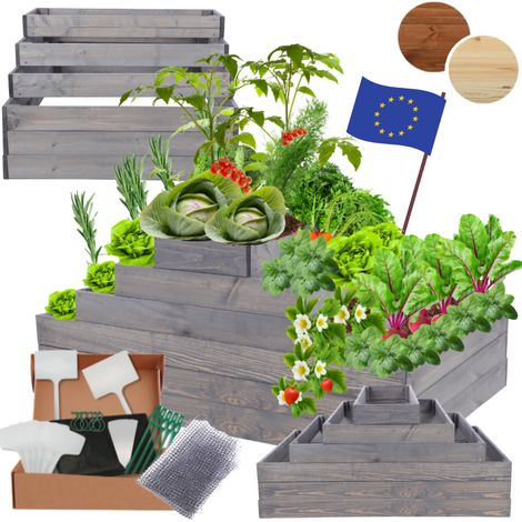 MODO24 ZP09 Carré potager surélevé en escalier modulable, bois de pin, herbes/légumes, jardin/terrasse/balcon, 54x117x60 cm, gris