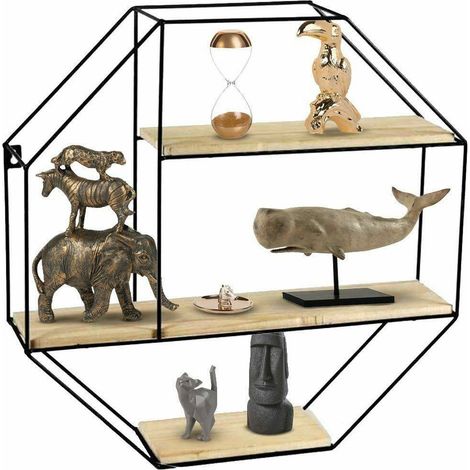 TRADE SHOP - Mensola Parete Esagonale 3 Mensole Ripiani Design Moderno Scaffale Legno Metallo - (1/2)