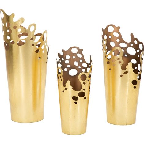 Portavaso da terra in metallo oro, 28,6x27,3x64,1- 23,5x22,2x52,7, 33x32,4x75,6 cm – Set di Portavasi