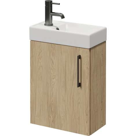 Napoli Cube Light Oak 400mm Wall Mounted Single Door Vanity Unit with Align Basin - 400mm - Gunmetal Grey 160mm Handle