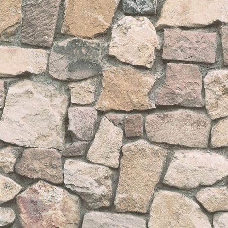 Stone Wallpaper Brick Effect Slate Rustic Weathered Embossed Beige Grey