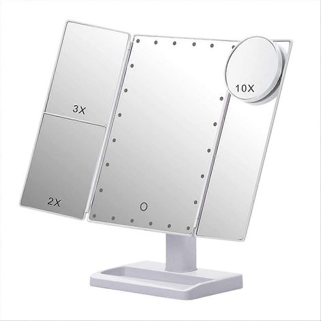 Miroir de maquillage triptyque avec 22 LED, grossissement 10x/3x/2x, blanc (1/5)