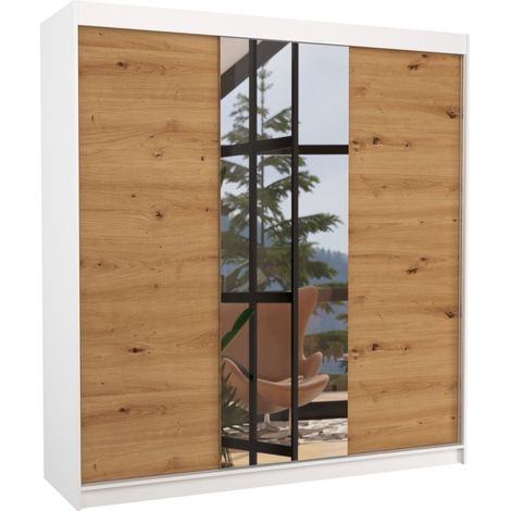 Armoire chambre adulte 2 portes coulissantes bois et miroir ZAFA 200cm-Blanc/Bois artisan (1/5)