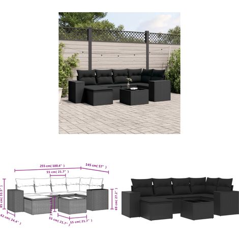 Salon de jardin 7 pcs avec coussins noir résine tressée - Ensemble Salon De Jardin - Meuble De Jardin - Salon D'extérieur - Résine Tressée - Rotin Synthétique - Home & Living (1/3)