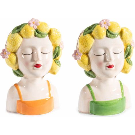 Vasi con volto di ragazza e ghirlanda di limoni in ceramica colorata lucida, set da 4 pezzi, cm 13 x 11,5 x 19 H