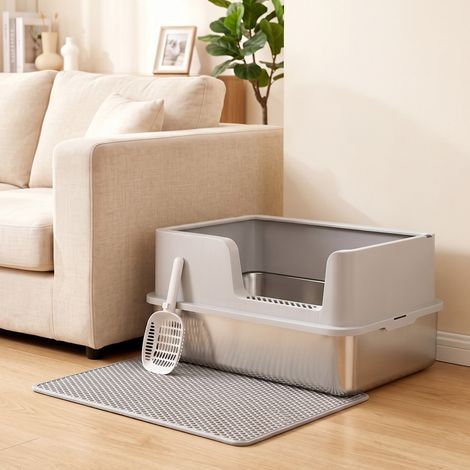 Bac Litière pour Chat en INOX Couvercle Bords Hauts Pelle et Tapis Anti-Adhérent Anti-Odeurs 60x40x30cm Gris Clair (1/5)