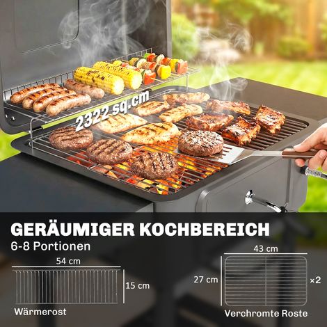 Barbecue fumoir charbon de bois avec couvercle, thermomètre, bac à charbon ajustable, grille de cuisson, tablette latérale et tiroir à cendres (1/4)
