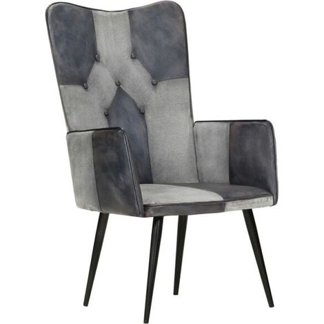 Chaise à dossier haut en cuir gris – Fauteuil classique design rétro avec accoudoirs et assise rembourrée – Idéal pour salon, bureau ou chambre (1/5)