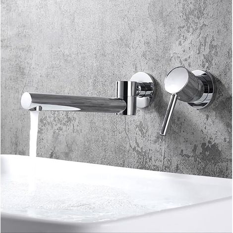 Mitigeur Lavabo Encastrable Bec Pivotant à 180 ° Robinet Mural Salle de Bain Laiton Robinet Salle Bain Montage Mural, Robinets de baignoire avec lEau Froide & Chaude (Silver) (1/5)