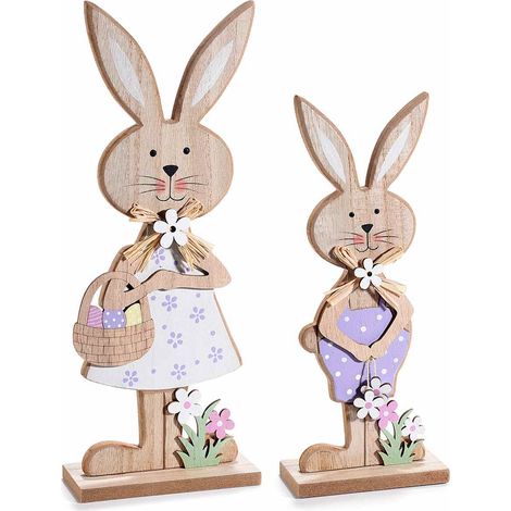 Conigli in legno pasquali con decorazioni floreali da appoggiare in set da due pezzi, set da 2 pezzi, Grande: cm 12 x 5 x 31 H