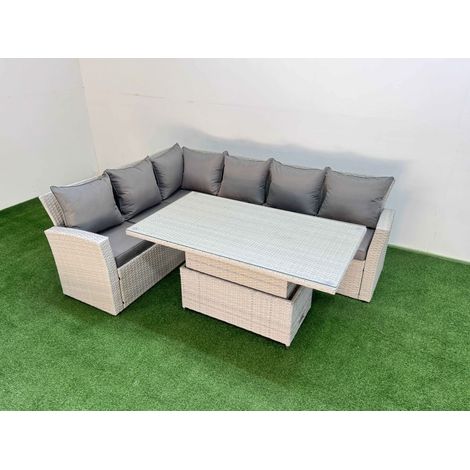 Fimous 6 Seat Rattan Outdoor Garden Furniture Corner Sofa Set Adjustable Lifting Dining or Coffee Table Set Light Grey (1/5)
