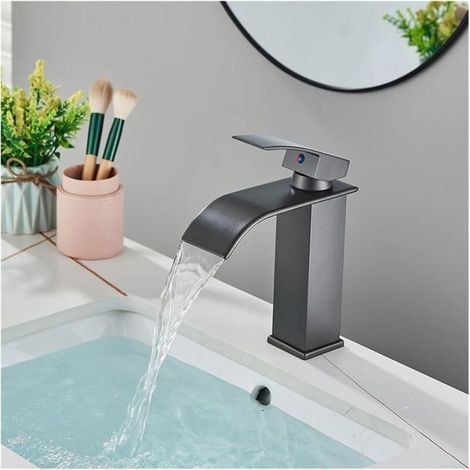 Grifo de lavabo gris estilo cascada, caño ultrafino, altura del caño 11,5 cm, control dual de agua fría y caliente, material de acero inoxidable. (1/5)