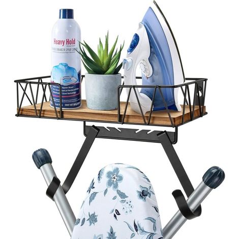 Wall-mounted ironing board holder – Iron and ironing board with large wooden storage basket and removable hooks (T and V shape)