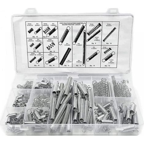BEBUSINGOTO Surtido de resortes de compresión y extensión, kit de herrajes para resortes de acero y metal, 200 piezas/caja (1/5)