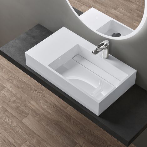 doporro Lavabo de diseño 100x48x13cm desagüe oculto Colossum12-derecho en blanco de mármol fundido apto como lavabo sobre encimera y lavabo suspendido (1/5)