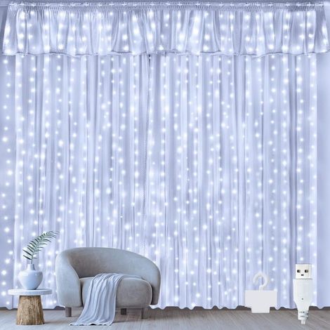 Rideau Lumineux Noel 3m x 3m, 300 LED Guirlande Lumineuse Rideau Blanc Froid USB Guirlande Lumineuse Imperméable pour Chambre Noël Mariage Anniversaire Fenêtre (1/5)