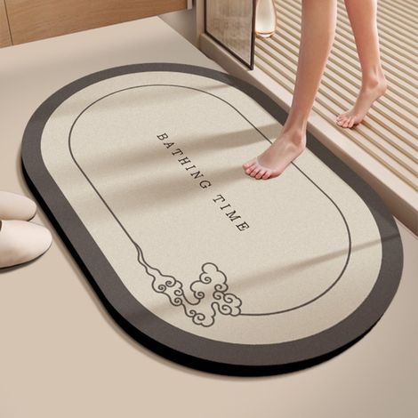 Tapis de Bain Absorbant, Antidérapant, Lavable, 50 x 80 cm, pour Salle de Bain, Cuisine, Ovale, Beige, Motif Nuages (1/5)
