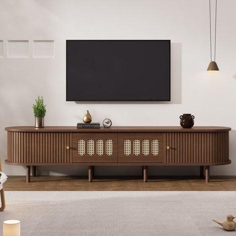 Meuble TV Oval avec Rotin et Portes Tambour - 180x40x40cm - Meuble Lowboard pour Salon Style Retro Chic - Noyer (1/5)