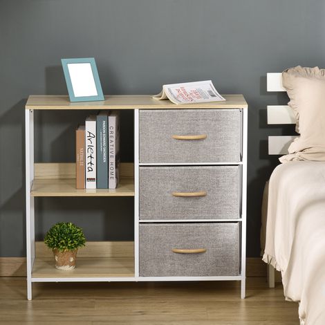 Commode en tissu, avec 3 tiroirs pliants et 2 étagères ouvertes, 80 x 29 x 71 cm, coloris naturel et gris clair