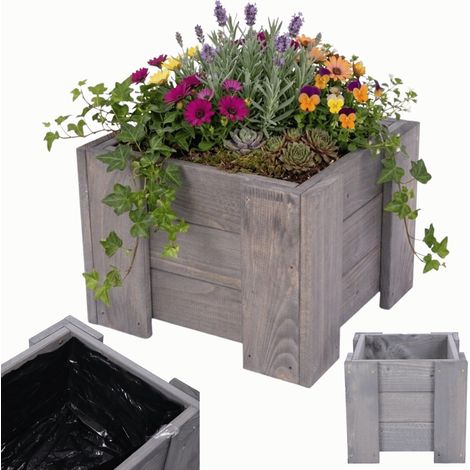 MODO24 Jardinière en bois de pin, bac à fleurs/potager pour fleurs, herbes et légumes, jardin/balcon/terrasse,30x30x33 cm, gris (1/5)
