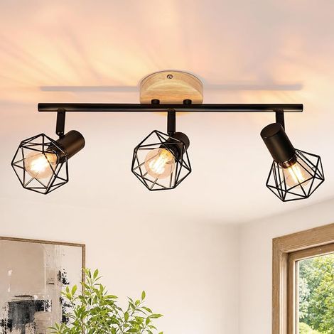 GBLY spot LED de plafond orientable 3 ampoules plafonnier en bois spot de plafond noir douille E14 lampe de cuisine plafonnier style industriel rétro orientable à 350 degrés pour couloir chambre salon (1/5)
