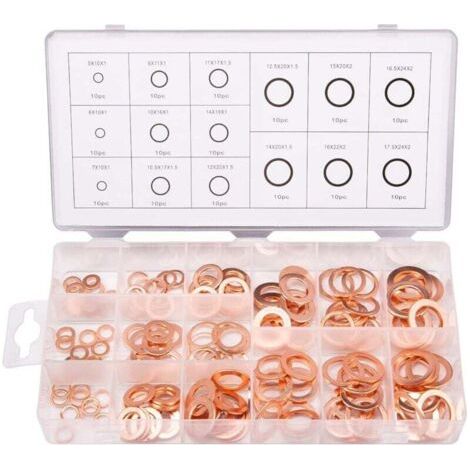 150pcs 15 Spécifications Joints Bague D'étanchéité, Rondelles En Cuivre Assortiment Kit, Cuivre Rondelles Joint vidange d'étanchéité avec Boîte M5 M6 M8 M10 M12 M14 M16 M18 M20 M22
