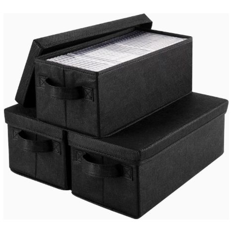 Juego de 3 cajas de almacenamiento para CD/DVD (36 discos) con asa, sistema de tela lavable con tapa, color negro.