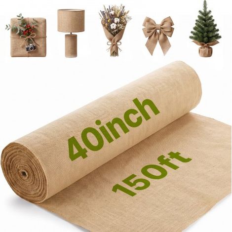 Rouleau Toile de Jute, 1016 mm x 45,7 m, Chemin de Table Toile de Jute Naturelle Haute Densité 50x50, Ruban pour Décoration, Artisanat, Mariage, Jardinage, Couverture Hivernale Plantes, Arbres (1/3)