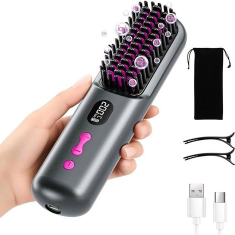 Mini brosse lissante sans fil rechargeable 9600 mAh - longue autonomie, ions négatifs - pratique en voyage - gris (1/4)