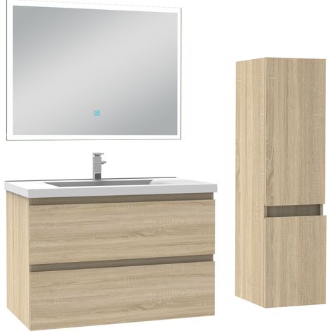 Ocean Ensemble meuble Salle de Bain 80cm avec vasque et colonne et miroir lumineux 3 couleurs chêne wotan