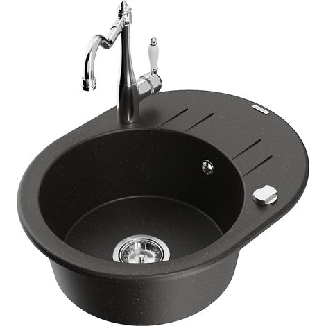 Mexen Kevin lavello in granito 1-vasca con gocciolatoio e rubinetto cucina Carla, nero/oro metallizzato - 6517-75-670700-00 (1/5)